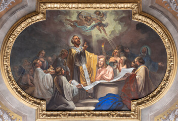 Fototapeta premium VIGEVANO, ITALY - JANUARY 18, 2026: The fresco of Baptism of St. Augustine in the Cathedral of St. Ambrose by Francesco Gonin (1858).