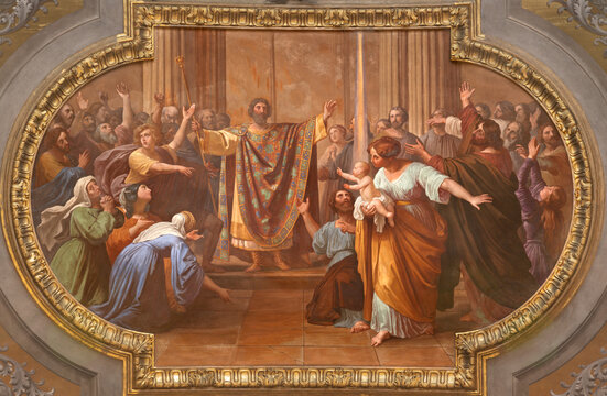 VIGEVANO, ITALY - JANUARY 18, 2026: The fresco of emperor Constantine and the christians (probably) in the Cathedral of St. Ambrose by Francesco Gonin (1858).