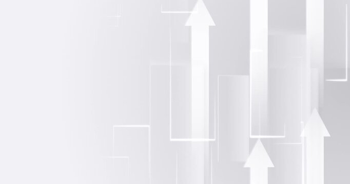 Seamless loop of light abstract business background with upward arrows and geometric shapes. Minimal clean motion design with soft depth, smooth transitions and gentle movement. Concept of growth, 