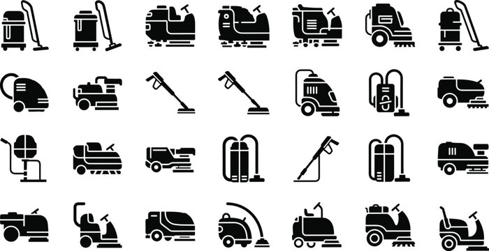 Cleaning equipment icon set, vacuum cleaners, floor scrubbers, pressure washers, industrial cleaning machines, janitorial services, vector illustration
