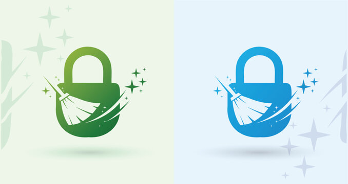    Padlock Sparkle Swoosh Cleaning Logo Security Hygiene Protection Service Modern Brand Icon
