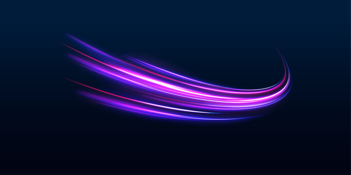 Futuristic city road glows under a dark sky. Laser light forms a single motion line with intense speed and energy direction. Neon traffic trail composition created in vector, sport race.