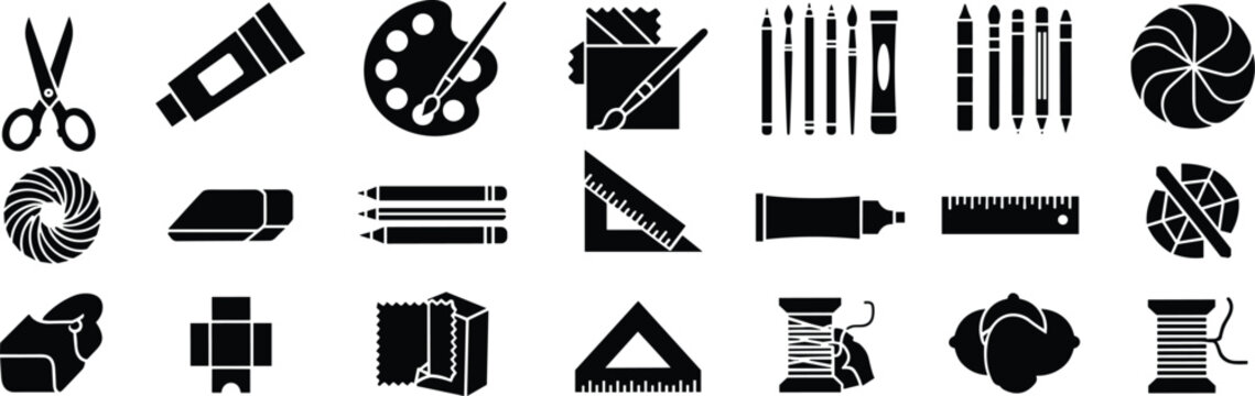 Art and craft supplies silhouette icon set, scissors, pencils, paint palette, brushes, yarn, thread, ruler, vector illustration