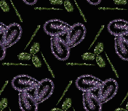 Seamless pattern with glittering purple Celtic knots and green shamrocks