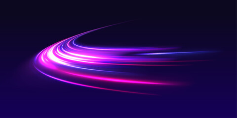 Laser energy line stretches across a night futuristic highway. Neon motion wave follows the road with visible speed direction. City traffic light trail composition rendered in vector. © ikril