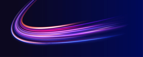 Laser energy line stretches across a night futuristic highway. Neon motion wave follows the road with visible speed direction. City traffic light trail composition rendered in vector. © ikril