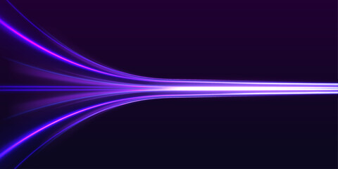 Bright laser line sweep across a black traffic highway. Neon wave energy moves forward showing speed and motion direction. Futuristic road light trail artwork rendered in vector. © ikril
