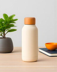 Minimalist Reusable Water Bottle on Wooden Desk with Potted Plant and Notebook