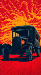 Vintage Bus Illustrated Against Dramatic Red and Yellow Sky