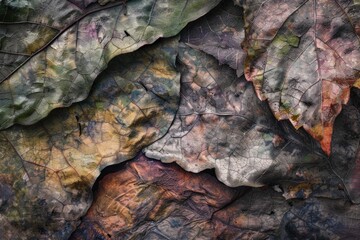 Overlapping decaying leaves display vibrant hues of fall, forming an intricate natural pattern perfect for backgrounds
