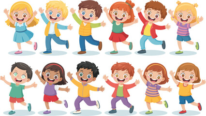 Obraz premium Group of diverse children in joyful poses with bright colorful clothing in flat illustration style for childrens media.