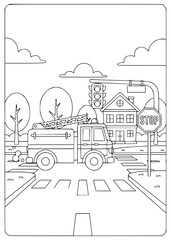 Naklejka premium Firetruck coloring page for kids with a ladder and hose on a country road