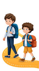 Illustration of Two Children Walking with Backpacks on a Curved Path
