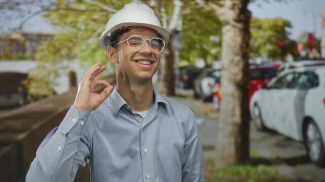Man in white hardhat and glasses smiling makes ok sign with hand and points finger on a busy street; confidence.