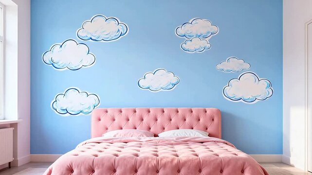 Bedroom with cloud painted wall