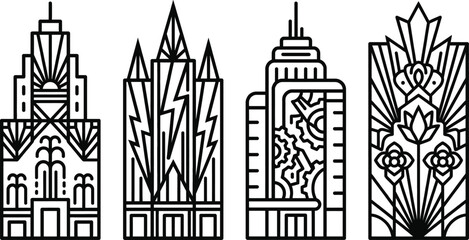 Obraz premium Art deco skyscraper facade line icon vector illustration