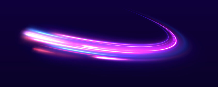 Neon purple, blue light lines twist along a dark city highway. Motion trails ripple across the road, showing speed and flowing energy. Futuristic night traffic scene illustrated in vector.