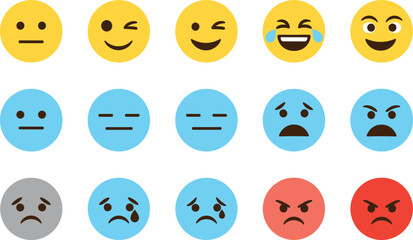 Fototapeta premium Large Set of Fifteen Simple Flat Emoji Icons Featuring Various Facial Expressions from Happy and Laughing to Sad and Angry for Digital Communication