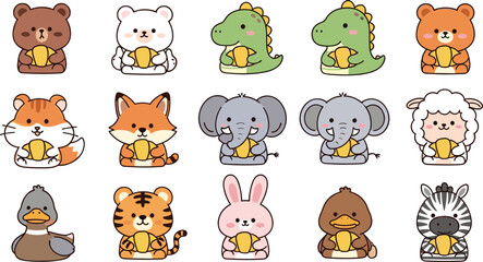 Obraz premium Large Set of Fifteen Kawaii Cartoon Animal Characters Including Bears, Dinosaurs, Elephants, and Tigers Holding Golden Acorns for Kids Designs and Stickers