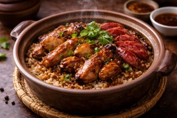 Chicken, chinese sausage, and rice in claypot, steam rising, rustic hawker stall presentation, cozy lighting.