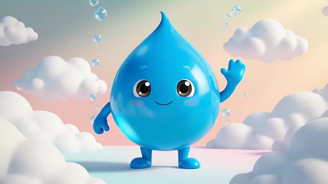Happy Water Drop Character - A cute and friendly 3D animated water drop character smiles and waves its hand. The background features soft clouds and shimmering bubbles against a pastel sky.