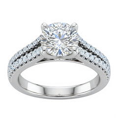 Ornate diamond engagement ring with a large center stone set on a plain transparent background for jewelry marketing. A sparkling diamond ring