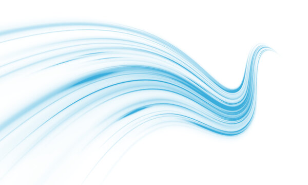 Neon laser blue line streak, city road, highway traffic. Light motion forms futuristic energy trail, speed with glowing wave. Strong wind, whirlwind. Flow cool liquid water. Vector png illustration. 