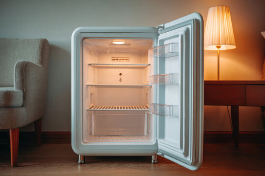 An empty mini fridge in a hotel room in the evening
