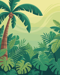 Lush Tropical Jungle Illustration: Immersive Scene of Exotic Flora Showcasing a Vibrant Palm Tree, Dense Greenery, and a Calming Backdrop in a Stylized Cartoon Style; Ideal for Ecotourism, Nature Illu