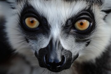 Fototapeta premium Close up of a ring tailed lemur face staring with intense orange eyes