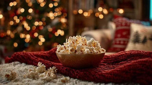 A bowl of popcorn on a red blanket with christmas lights in the background during holiday season with festive pillows