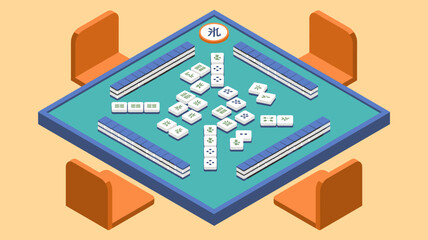 Isometric Mahjong Game Illustration: Traditional Chinese Tile-Based Boardgame Match in Progress on a Table with Chairs, Focus and Strategy, Gambling Concept, Leisure Activity, Retro Design, East Asian
