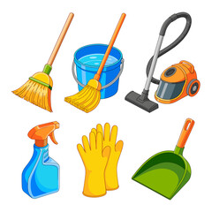 Cleaning Equipment Arrangement: Spring Cleaning Tools for Home Care & Janitorial Services - Broom, Mop, Vacuum, Spray Bottle, Gloves & Dustpan for Housekeeping, Vector Graphic, Cartoon Style, Domestic