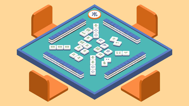 Isometric Mahjong Game Illustration: Traditional Chinese Tile-Based Boardgame Match in Progress on a Table with Chairs, Focus and Strategy, Gambling Concept, Leisure Activity, Retro Design, East Asian