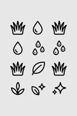 Fototapeta premium Ecological Wellness Icons on Natural White: Lush Grass Clumps, Water Droplets and Leafs Representing Growth, Sustainability, and Balance for Organic Agriculture, Eco-Friendly Lifestyle Choices, Freshn