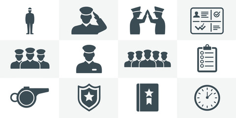 Law Enforcement Icons Set: Policemen in Action, Teamwork and Time Management for Justice and Security Projects - Modern Silhouette Graphic Elements for Police Department, Community Safety, and Legal S