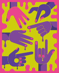 Hands Gesturing Artistically in Vibrant Colors, Neon Pink and Chartreuse Illustration against a Psychedelic Backdrop, Cartoon Style Hands Expressing Emotions, Artistic Graphic Design, Conceptual Illus