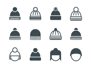 Winter Headwear Collection Vectors: Cold Weather Hats, Beanies, and Caps Illustrations for Fashion Apparel, Seasonal Promotions & Clothing Accessory Designs. Bundle of Knitted Woolen Hats, Pom-poms Gr