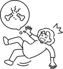 転倒して骨折する骨粗しょう症の50代女性のイラスト　線画のみ