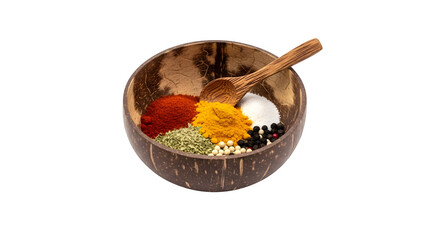Fototapeta premium Small coconut shell spice bowl for kitchen seasoning, isolated on white or transparent background. PNG