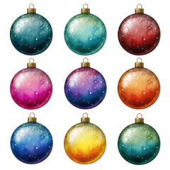 Set of nine multicolored Christmas ornaments with gradient textures and star-like sparkles, illustrating festive holiday decoration, winter celebration, and cheerful seasonal design