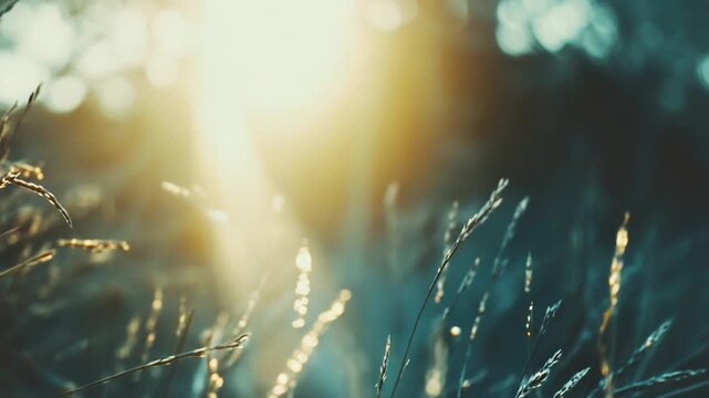 Golden sunlight pierces drying grass at golden hour, casting warm, hazy glow and sparkling bokeh for a serene, peaceful rural scene with soft, delicate texture