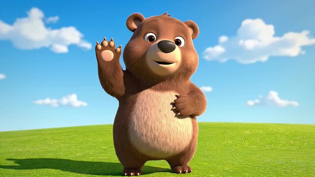 Friendly Cartoon Bear Waving - A friendly cartoon bear stands on a green hill waving its paw in greeting. The background features a bright blue sky with fluffy white clouds.