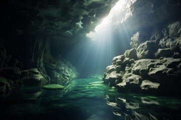 Sunbeams penetrating clear water in a natural underground cave with rugged rock formations
