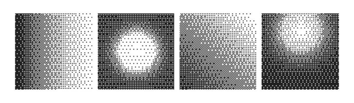 Abstract y2k Pixel poster set. Halftone gradation effect. Graphic gradient black white design elements. Bitmap effect. Bold brutalist card. Vector Illustration with dither texture.