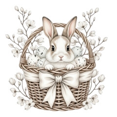 Obraz premium Vintage-style illustration of a bunny sitting in a wicker basket filled with speckled eggs and surrounded by delicate flowers, illustrating Easter celebration, charm, and spring nostalgia