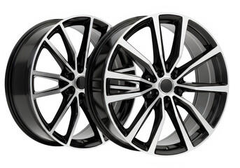 Fototapeta premium Black and silver alloy car wheels with sleek design isolated on transparent background