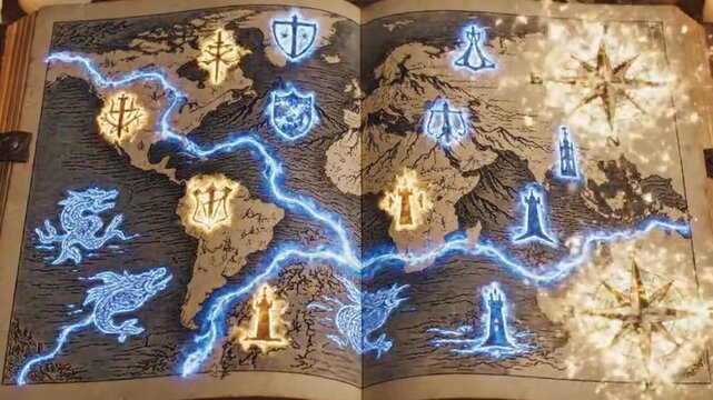 Ancient Fantasy Atlas &mdash; Illuminated Map Symbols and Glowing Rivers Seamless 4K Loop