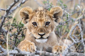 Adorable lion cub resting on a branch in the african savanna, showcasing the beauty of wildlife in its natural habitat