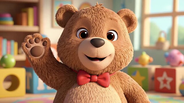 Cartoon Teddy Bear Waving in Kids Room - A cheerful brown cartoon teddy bear wearing a red bowtie is waving its paw in a playful greeting.